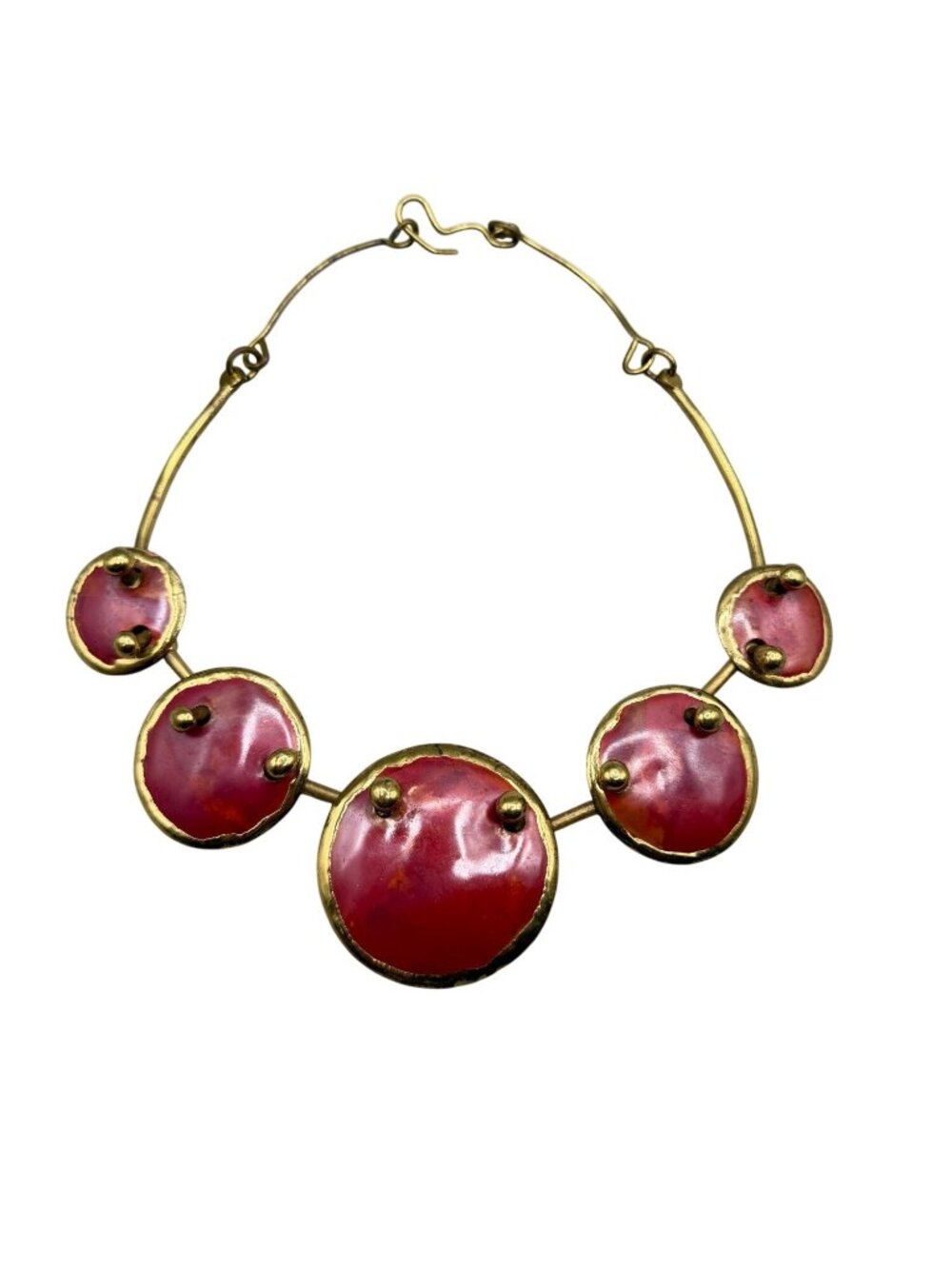 Vintage Brutalist Brass Necklace Red Enamel Hand Crafted Round Geometric Disks